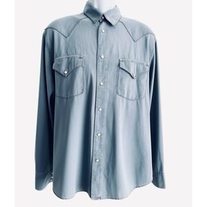 VTG Ryan Michael Western Shirt M Blue Silk Cotton Pearl Snap Cowboy Rockabilly